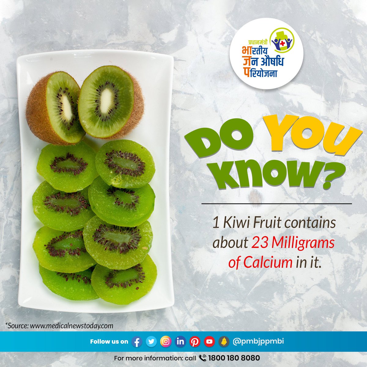 pmbjppmbi's tweet photo. Looking for a delicious way to boost your calcium intake? Look no further and consume the Kiwi fruit. 1 Kiwi contains about 23 milligrams of calcium and that's over 2% of your daily recommended intake.
#PMBJP #Calcium #BonesStrong #healthcare #JanAushadhi https://t.co/6heAHQE62m