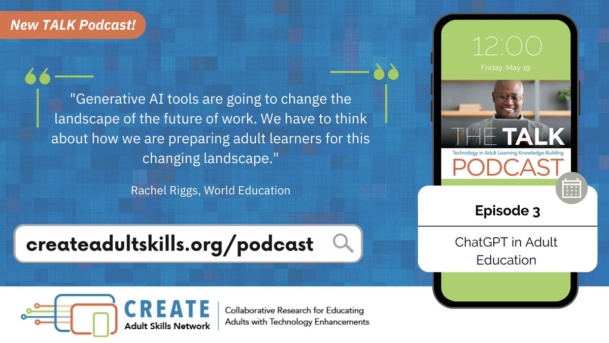 📢New Podcast Alert! ChatGPT in Adult Education

🎧Tune in to hear @RachelTESOL & Dr. Katie Brown discuss applications of Generative AI tools in adult learning & workforce dev + implications on the future of work

➡createadultskills.org/podcast

#AIforAdultEd #ChatGPT #AdultEdu