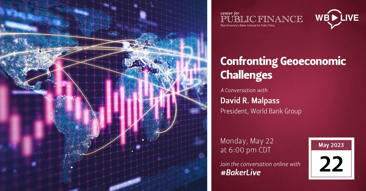 On May 22, World Bank Group President @DavidMalpassWBG and @jw_diamond, Center for Public Finance Director at the @BakerInstitute will discuss the geoeconomic challenges—and opportunities—facing the US and other countries. Tune in live: wrld.bg/P7hb50OmO2Z