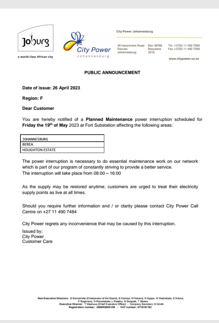 CityPowerJhb's tweet photo. #JoburgUpdates #Region F 

#FortSubPlannedOutage

Kindly be reminded of a Planned Maintenance power interruption scheduled for today, Friday the 19th of May 2023.^LP https://t.co/cpQlaR09Cf