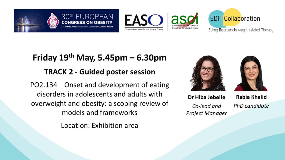 If you're at #ECO2023 - don't miss out on @HibaJebeile presenting on PhD candidate @rabia_apd's work on pathways to the development of eating disorders in people with higher weight at today's guided poster session!

Details below 👇

@EASOobesity @ASOIreland