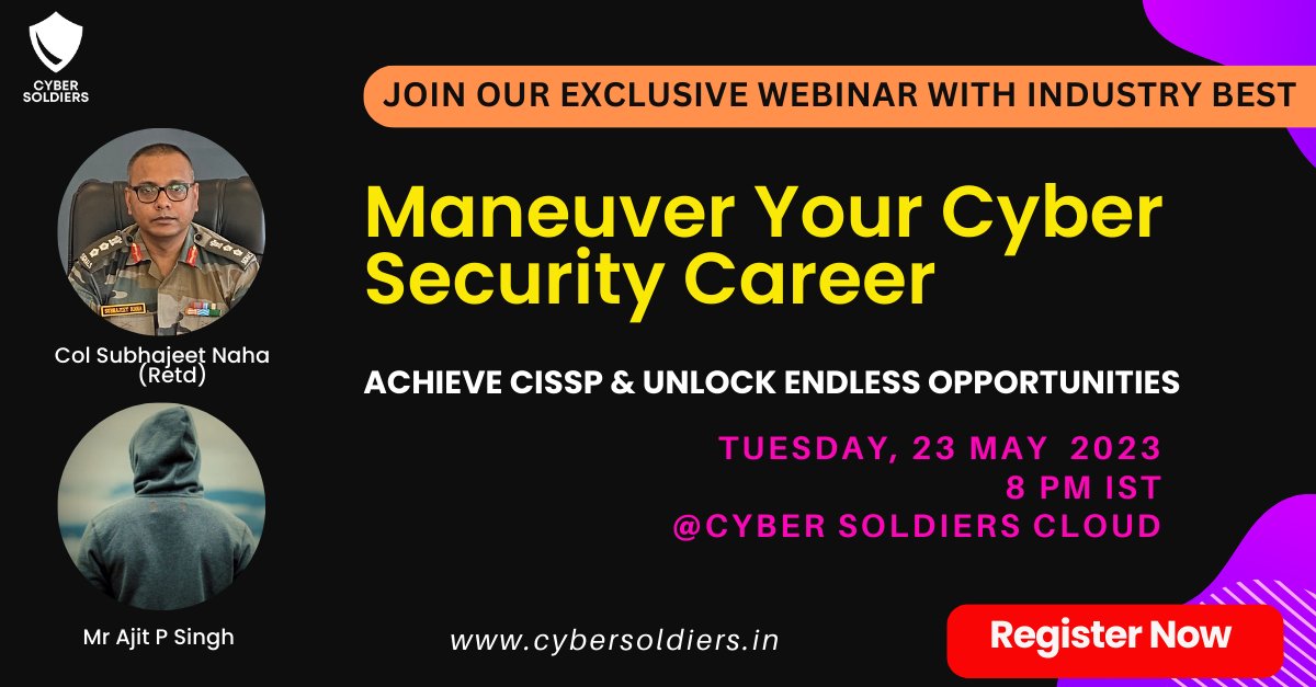CyberSoldiers7's tweet photo. Are you ready to take your #cybersecuritycareer to new heights? Join us for an exclusive webinar.
📷 23 May 23, Tuesday, 8 PM IST
📷 Register  -  https://t.co/i3crB6ga5m

#CyberSecurity #CISSP #CyberSec https://t.co/xcOkL19sM8