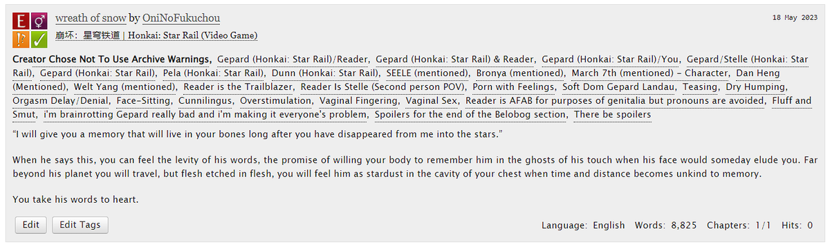 i have really bad Gepard Landau brainrot right now, so i'm making it everyone's problem.  have a fic. it's the saddest smut i've ever written.  
archiveofourown.org/works/47272669