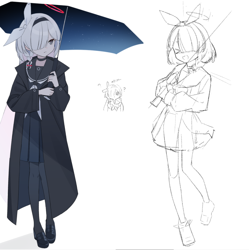 arona (blue archive) umbrella skirt halo holding umbrella school uniform hair over one eye bow hairband  illustration images