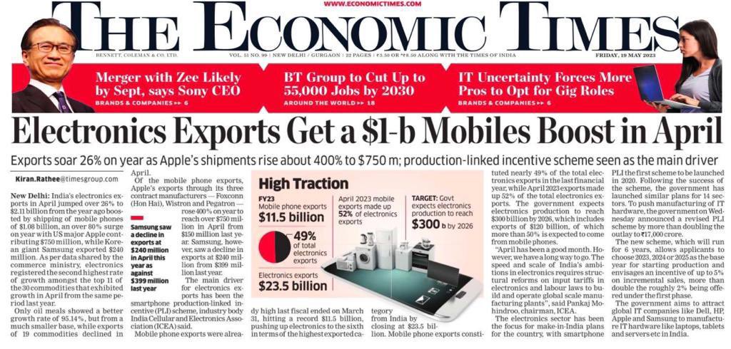 RajeevRC_X's tweet photo. India's Electronics Manufacturing continues to grow 💪🏻🇮🇳

Smartphone exports engine spurred by PM @narendramodi ji's visionary PLI scheme contributed over $ 1 bn to the $ 2.11 bn Electronics exports in April 2023. This is a 26% increase over same period last year. More growth to come from the IT hardware PLI scheme. Watch this space.

More invstmnts, More jobs , More Startups

#IndiaTechade #NewIndia 
@PMOIndia @GoI_MeitY @DPIITGoI @_DigitalIndia