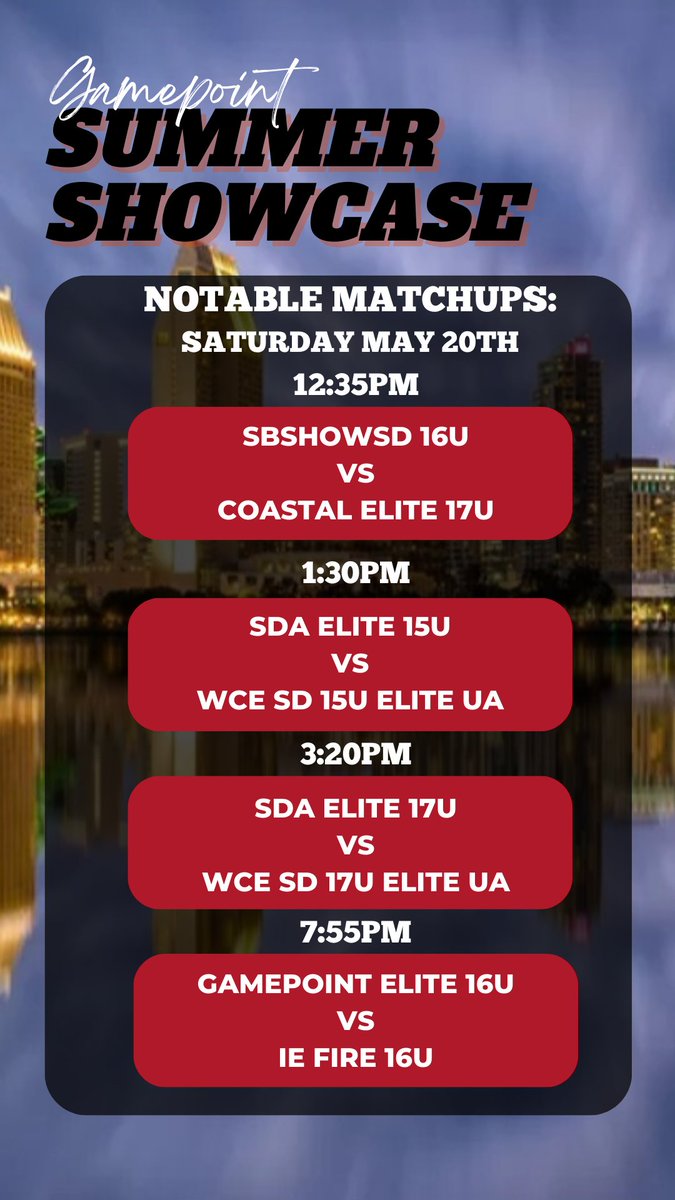 Some of the notable matchups at this weekend's Gamepoint Summer Showcase!!! @IEFireElite @coastal_elite @SBSHOWSD @FullTimeHoops1 @AntBolt_3 @SDA_basketball