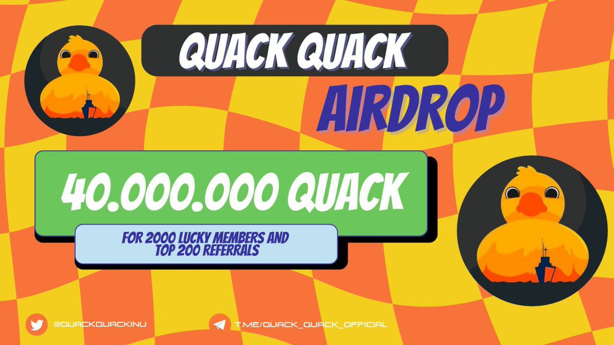 Genius Airdrops™ (@cryptoearning17) on Twitter photo 📣 Quack Quack Airdrop Massive #Giveaway
🎁 Total Airdrop Pool 40,000,000 Quack
To Enter:
✅ Follow <a href="/quackquackinu/">Quack Quack Official</a>
✅ Like & RT Tag 3 Friends
✅ Finish tasks
gleam.io/competitions/P…
#Airdrop #Crypto #AirdropCrypto #airdrops 📣 Quack Quack Airdrop Massive #Giveaway
🎁 Total Airdrop Pool 40,000,000 Quack
To Enter:
✅ Follow <a href="/quackquackinu/">Quack Quack Official</a>
✅ Like & RT Tag 3 Friends
✅ Finish tasks
gleam.io/competitions/P…
#Airdrop #Crypto #AirdropCrypto #airdrops