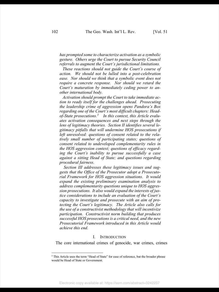 PROSECUTING THE CRIME OF AGGRESSION AS A COMPLEMENT: A FRAMEWORK TO PROMOTE THE INTERNATIONAL CRIMINAL COURT’S LEGITIMACY IN HEAD-OF-STATE PROSECUTIONS

CARA CUNNINGHAM WARREN of @DetroitMercyLaw 

Link to text - papers.ssrn.com/sol3/papers.cf… -

#CrimeOfAggression #UNGA🇺🇳