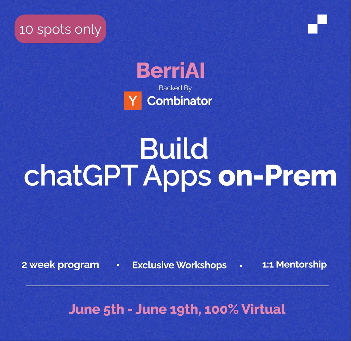 LiteLLM's tweet photo. Signup for #BerriAI's exclusive 2 week cohort where we'll help 10 companies build on-prem chatGPT apps that:
- Have 99% uptime and can scale ๐
- Achieve โก fast response times of <1 second.
- Ensure exceptional coverage for user questions (>90%) ๐ก
๐ https://t.co/D8zPWVSZeg https://t.co/4d1oIFb8LA