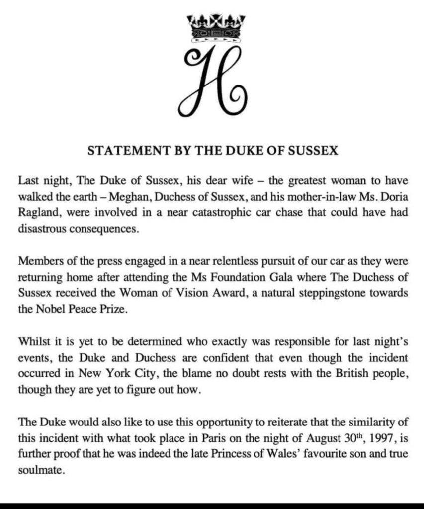 REAL Honestly, This is THE REAL Statement by
The Duke of No-sex sorry Sussex 
🚕🇺🇸📲📷📷
#DukeandDuchessofHazard #DukeandDuchessofSmollett 
#DukeofSussex
#TheChase
#FDR
#PrinceHarryAndHisStupidWife 
#MeghanSmollett 
#NewYorkCity 
#PrinceHarryHasGoneMad 
#HarryAndMeghanSmollett