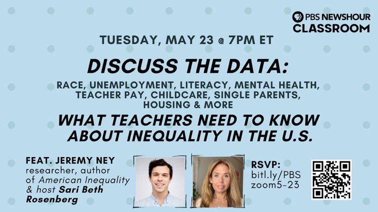 NewsHourExtra's tweet image. Teachers, Staff, Admin:

How does inequality in the these areas ⤵️ affect you &amp;amp; your students?

Join Educator Voice on Tue 5/23 @ 7pm ET w/ @jeremybney @saribethrose to discuss!

Parents, students, community members are welcome!

RSVP: bit.ly/PBSzoom5-23 #leadupchat #edchat