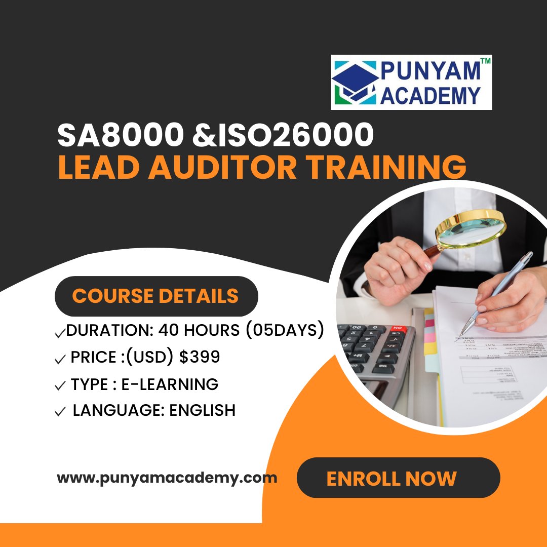 Want to be the part of SA 8000and ISO 26000 Lead Auditor Training than enroll now at Punyam Academy.
For More Information visit:punyamacademy.com/course/certifi…
#ISO26000 #SA8000 #courses #LeadAuditor #training
#Punyam #eLearning #ISO #punayamacademy
#onlinecourse
