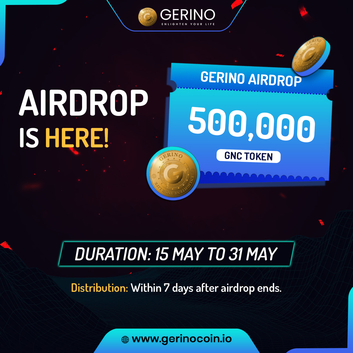 GERINO #AIRDROP
500,000 #GNC TOKEN

#AIRDROPS IS HERE!
gleam.io/rY7XV/gerino-a…

Duration: 15 May - 31 May 2023
Distribution: Within 7 Days After Airdrop Ends

#Bounty #Airdropalert #Giveaway #Freetoken #Freecrypto #Freeairdrop #Crypto #Cryptocurrency #ContestAlert…