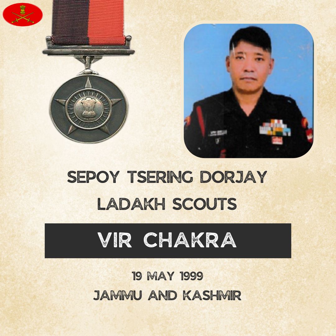 During an attack on an enemy location along LoC, Sep Dorjay was hit in the thigh by enemy bullets. Unmindful of his injuries, he assisted his team members to move to a safer location. All alone, he evaded the enemy for two days & crawled back to own location. Awarded #VirChakra.