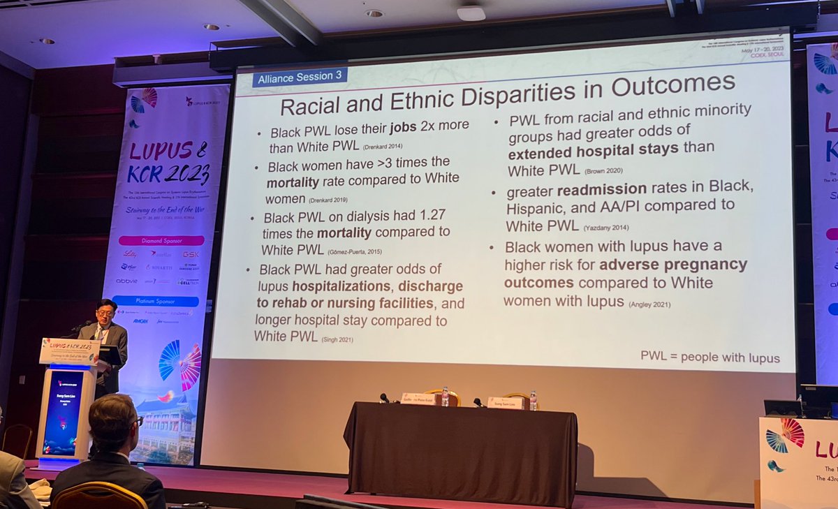 Importance of Race & disparities in lupus presented from 2 different perspectives From @gladel_latam by @gponsestel and from @EmoryUniversity by Prof. Sung Sam Lim #Lupus_KCR2023 #Lupus