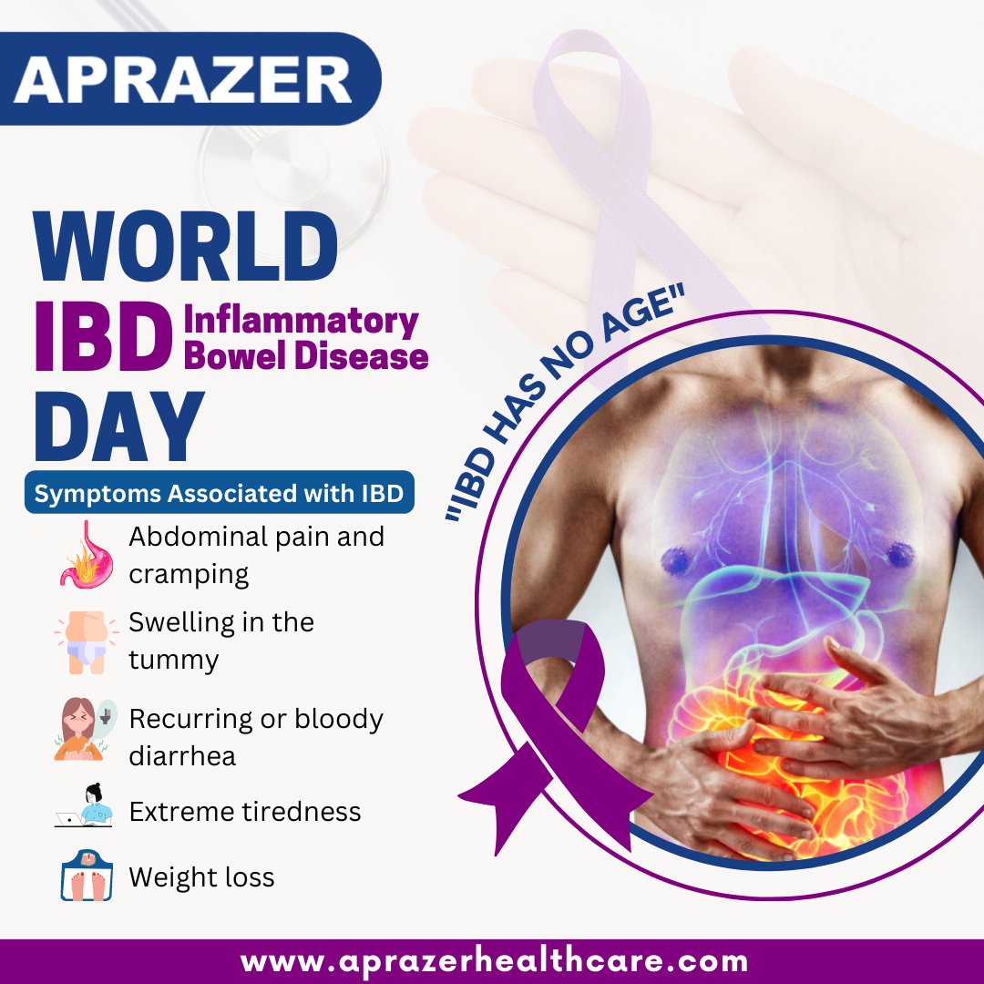 AprazerHealthc1's tweet photo. World IBD Day- Here are some common symptoms associated with IBD:
👉🏻 Abdominal pain and cramping;
👉🏻 Swelling in the tummy
👉🏻 Recurring or bloody diarrhea
👉🏻 Weight loss
👉🏻 Extreme tiredness

#aprazerhealthcare #aprazercare #aprazer #pharma #affordablemedicine #WorldIBDDay https://t.co/GKvz8hrxCt