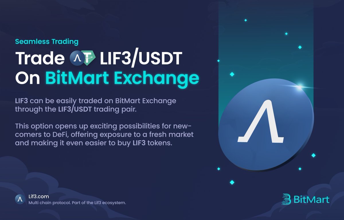 𝐋𝐢𝐟𝟑 𝐨𝐧 𝐁𝐢𝐭𝐦𝐚𝐫𝐭

#LIF3 is actively traded on <a href="/BitMartExchange/">BitMart</a> using the #LIF3 / $USDT pair

This option creates great exposure to a new market, by making it easier to purchase #LIF3 for those not yet in DeFi

Trade Now 👉 bitmart.com/trade/en-US?sy…