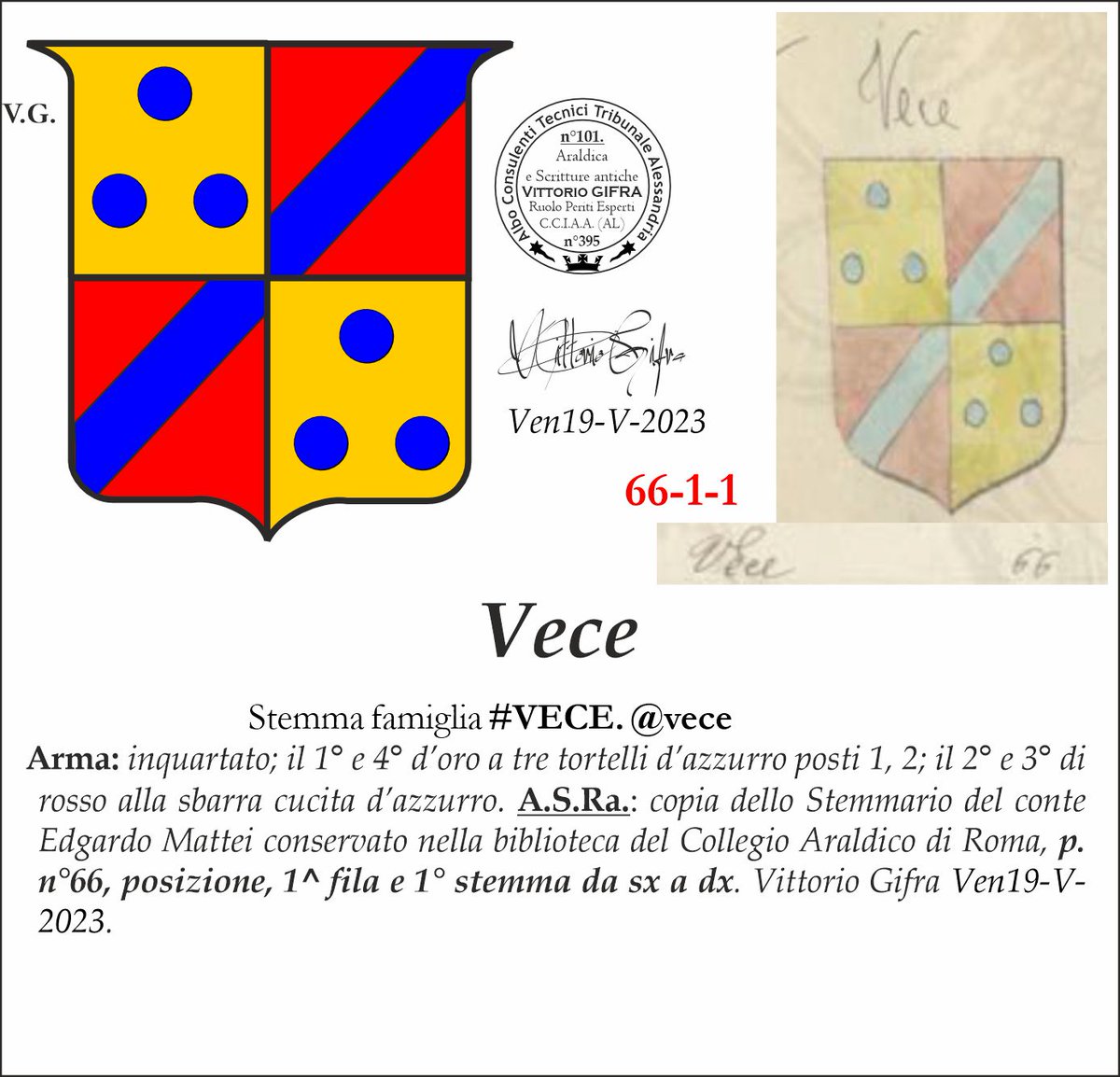 VGIFRA's tweet photo. Stemma famiglia #VECE. @vece
A.S.Ra.: copia dello Stemmario del conte Edgardo Mattei conservato nella biblioteca del Collegio Araldico di Roma, p. n°66, posizione, 1^ fila e 1° stemma da sx a dx. Vittorio Gifra Ven19-V-2023. https://t.co/kvCFxOKaiW