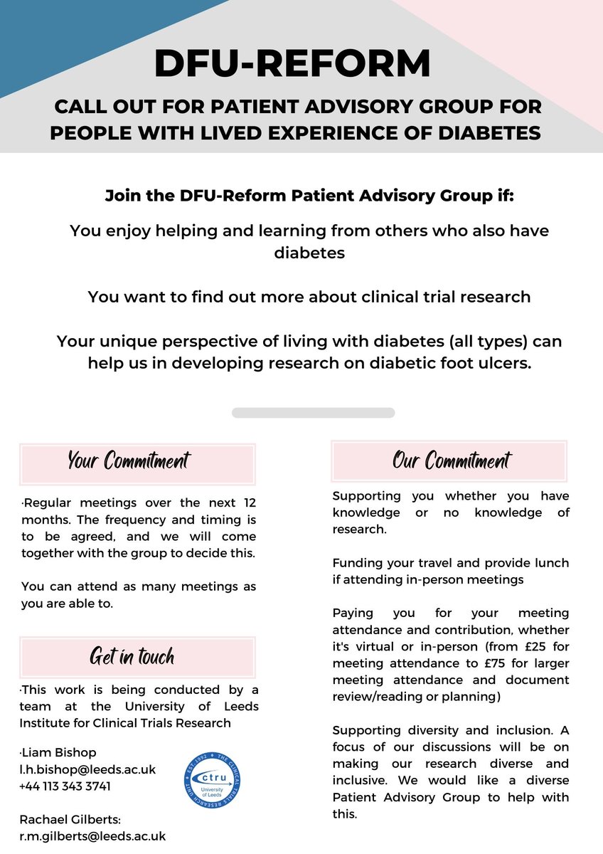 LeedsCTRU's tweet photo. Enjoy learning from and helping others who also have diabetes? Your unique perspective of living with diabetes that could help us develop research for people with diabetic foot ulcers

To find out more, get in touch.
 #diabetesresearch #ICTD2023 https://t.co/F3IgJJ4FP1