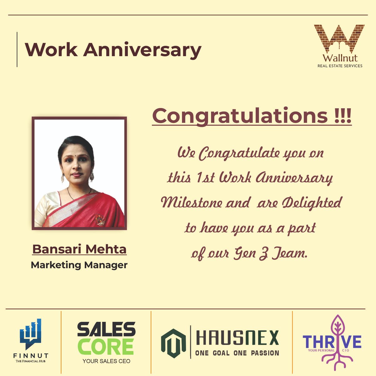 WallnutServices's tweet photo. We are proud to have you on our team.
Wish you another year filled with Success.
Happy Work Anniversary!!!
#workanniversary #wallnutservices #realestate #mumbai #financialservices #1yearanniversary #realestatesales #realestaterecruitment #realestatefinancing #realestatemarketing https://t.co/MFKJng5Agb