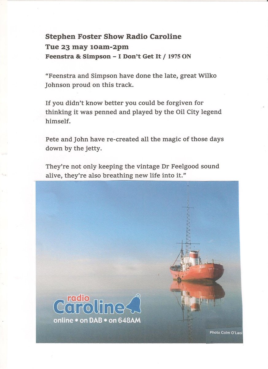feenstrablues's tweet photo. Thanks @StephenFoz 
@TheRadCaroline Great support #feenstraandsimpson #Idontgetit #nineteenseventyfive Tue show 23rd May 10am #RadioCaroline https://t.co/yjMl5cwsCh…
@JohnSimpsonMus @WRINKLYCLUB @PBear70
@RichardCarabine @BluestownM @BluesHour 
#hittrackstop100 #feenstrablues https://t.co/H61KXu8TCK