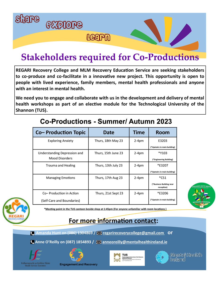 MLMcho8Recovery's tweet photo. Midland Louth Meath CHO Recovery Education  and REGARI Recovery College are collaborating on a new project and are seeking stakeholders of lived experience, family/supporters, mental health professionals. 

Please share, see below for more information. https://t.co/mwsjEd9KAk