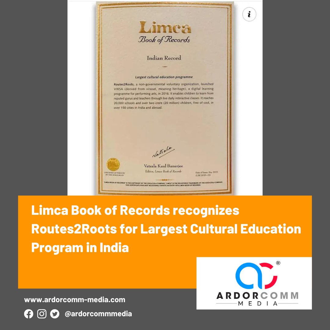 ardorcomm's tweet photo. Limca Book of Records recognizes Routes2Roots for Largest Cultural Education Program in India
-By ArdorComm News Network

https://t.co/3HkRH7qqHJ

#ArdorComm #LimcaBook #limcabook #limcabookrecord #records #recognizes #Routes2roots #Largest #cultural #educational #program #india https://t.co/LSZEJcqjzh