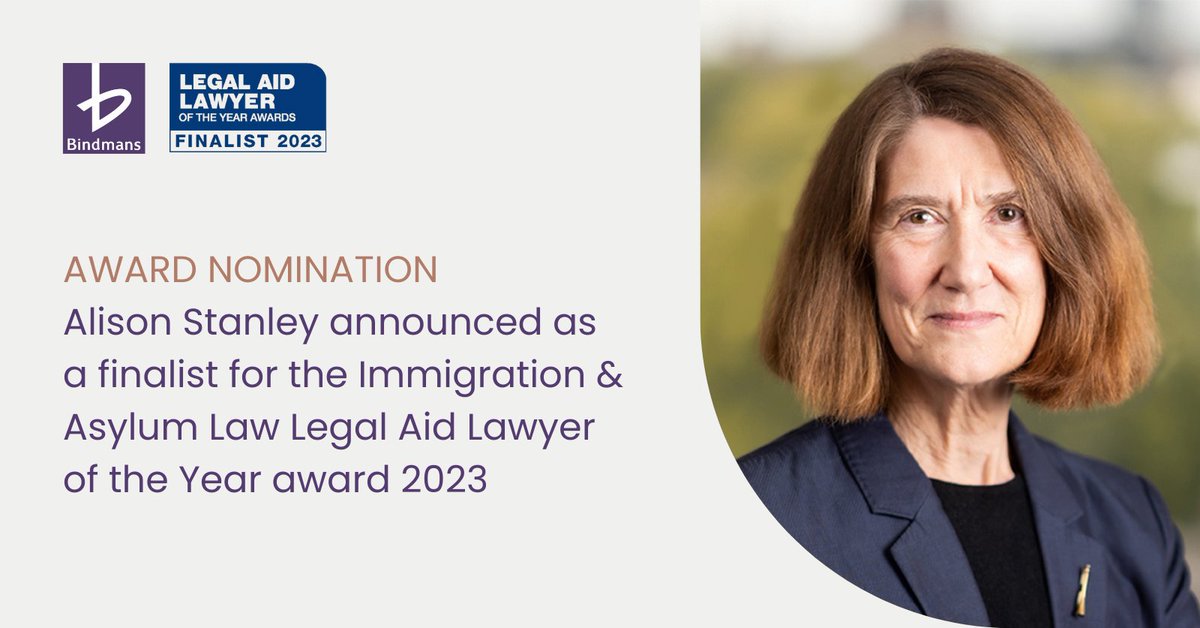 BindmansLLP's tweet photo. We are delighted to share that Alison Stanley, senior consultant at Bindmans LLP, has been shortlisted for the Legal Aid Lawyer of the Year 2023 Award in the Immigration &amp; Asylum Law category

Find out more here: https://t.co/zYwcGGrcQD

@LALYawards #LALY23 https://t.co/l4V4WP9qB6