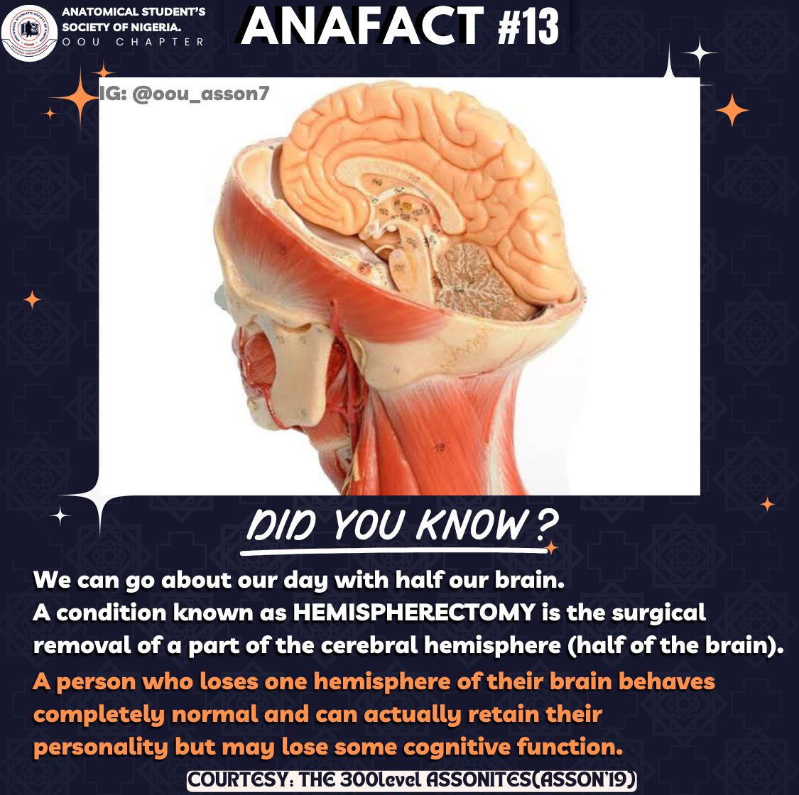 oou_asson7's tweet photo. A hemispherectomy is a radical surgical procedure where the diseased half of the brain is completely removed, partially removed and fully disconnected or just disconnected from the normal hemisphere. 

Click https://t.co/cUpEdHI5Xg to access our IG for more.

#anafact #assonoou21 https://t.co/pebOQjA2ww