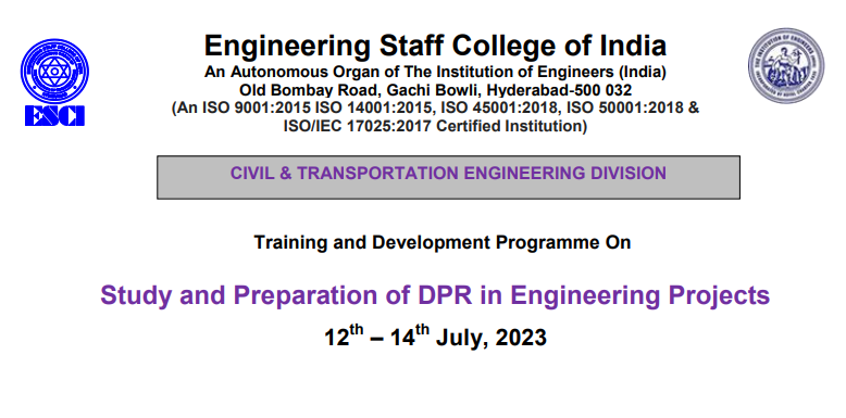 ESCIHyd's tweet photo. Training Programme on "Study and Preparation of DPR in Engineering Projects" from 12 - 14 July, 2023
For more details please click on the link:
https://t.co/sN0rh6DztO
#trainingcourse #trainingprovider #training #escihyd #planning #designing https://t.co/CQgcftc4So