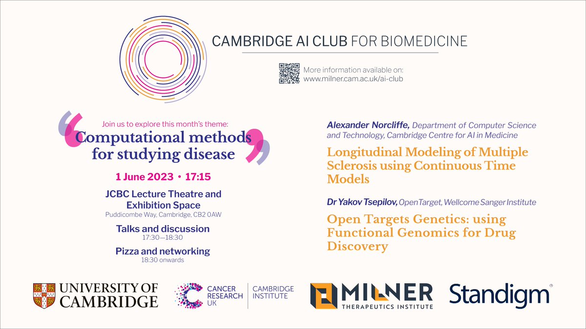 We are looking forward to our June event! This month we will be joined by speakers Alexander Norcliffe <a href="/alexnorcliffe98/">Alexander Norcliffe</a> from the <a href="/CC4AIM/">Cambridge Centre for AI in Medicine (CCAIM)</a> and Dr Yakov Tsepilov <a href="/yoursilenceplus/">Yakov Tsepilov</a> from the <a href="/sangerinstitute/">Wellcome Sanger Institute</a>. See you there for more science and pizza 👀✌️