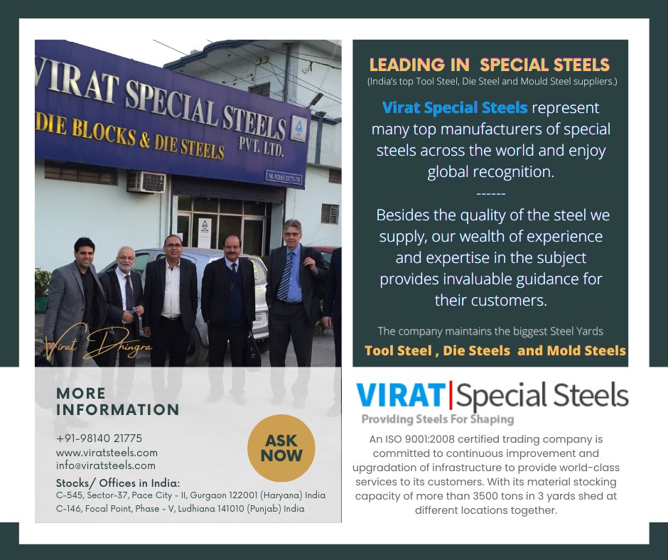 ViratSplSteels's tweet photo. WELCOME TO VIRAT SPECIAL STEELS
The Leading Company #ViratSpecialSteels Pvt. Ltd., is one of the largest Importer, Exporter and Stockiest of #DieBlocks (DIN 1.2714, DB6, H13, H11), #ToolSteels, #DieSteels, Special Steels and #AlloySteels etc...
Watch Now:
https://t.co/18frHMIOr9 https://t.co/GlaY2jZI91
