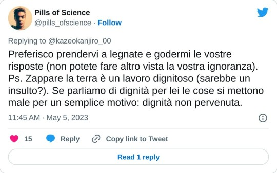 gleyredaf's tweet photo. @pills_ofscience La domanda che sorge spontanea, per un esperto in psicologia e psichiatria, è perché una #famiglia, una #società ed una #università non siano stati in grado di darti, @pills_ofscience,  una buona educazione, ma renderti totalmente privo di empatia, e pure di deontologia medica. https://t.co/3kdJLT7gMY
