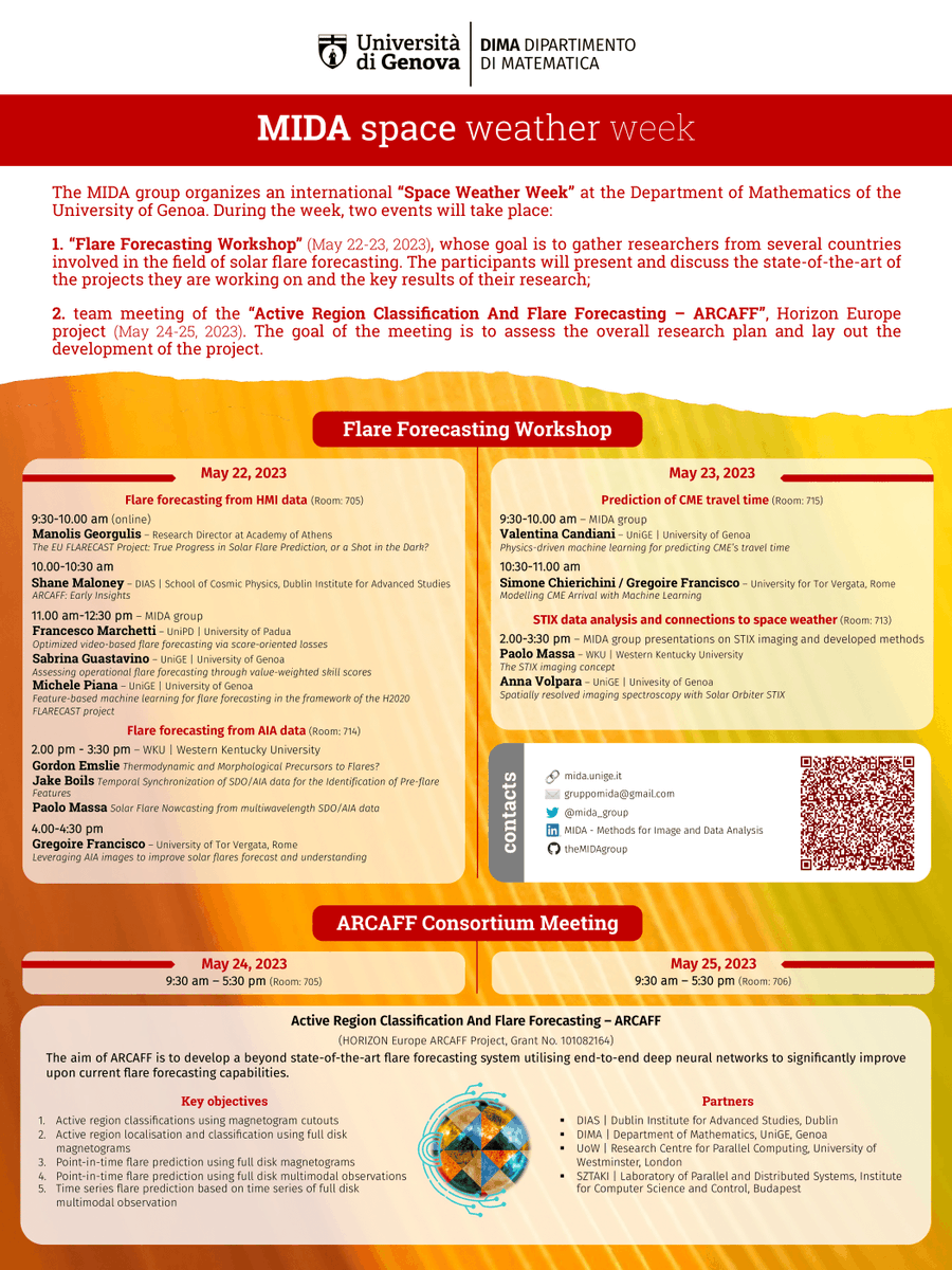 🗓️ Kind reminder of the MIDA Space Weather Week (May 22-25, Department of Mathematics (DIMA), Università di Genova mida.unige.it/it/mida_sww_20…) ☄️🛰🚀

For remote attendance of the Flare Forecasting workshop (May 22-23), you may use the link: wku.zoom.us/j/2499367411

See you there!👋🏼