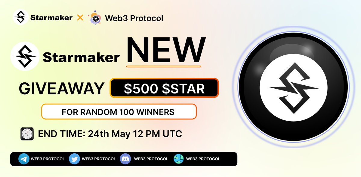 🎉Web3 Protocol X Starmaker Giveaway

🏆Prize Pool:- $500 $StarMaker

To Enter:- 
✔️Follow @Web3_Protocol & @starmakerzksync
✔️Like and RT 3 friends
✔️Fill form :- tinyurl.com/mr2afs2w

#Airdrop #Giveaway #Giveaways #Starmaker