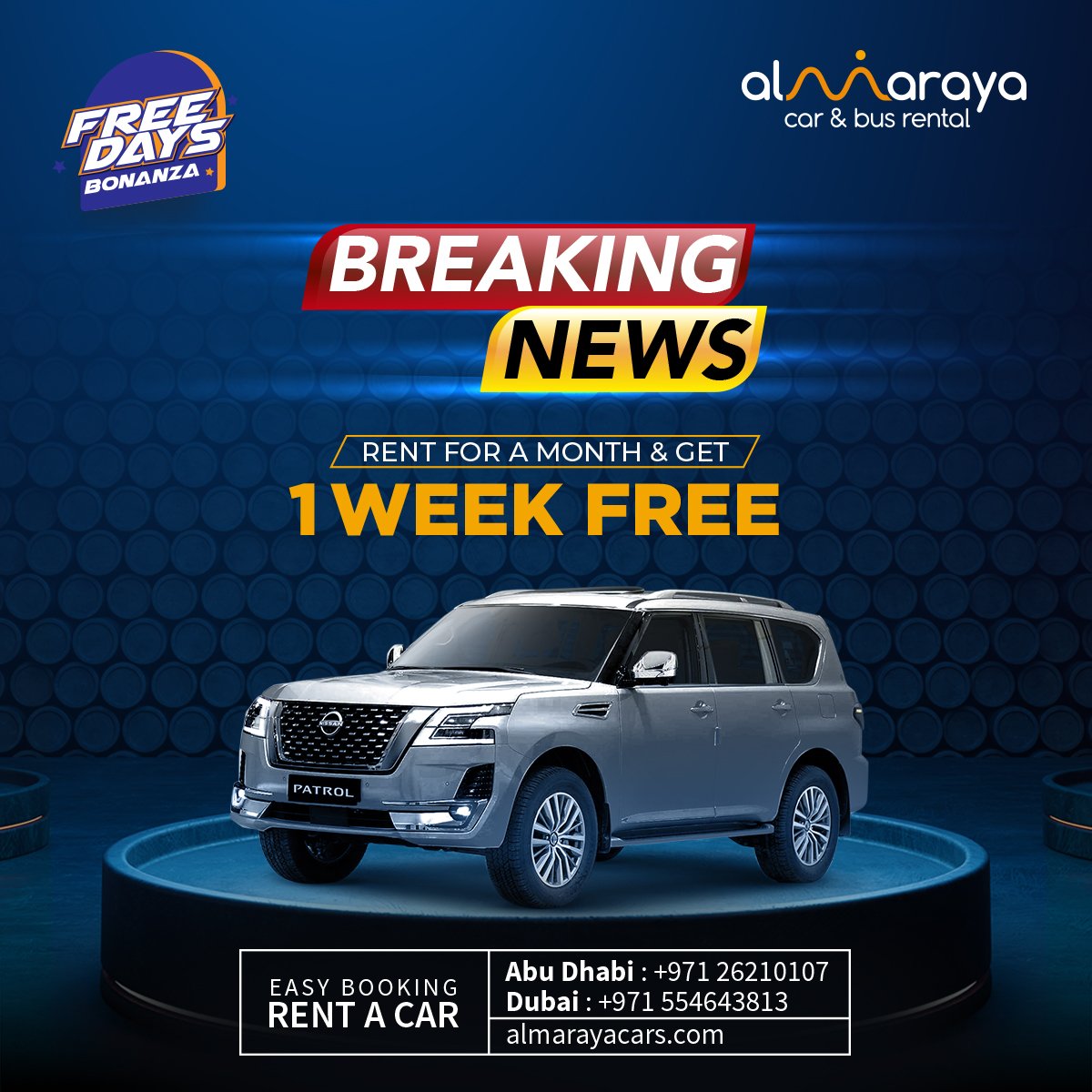 📣 Breaking News: Rent for a Month & Get 1 Week Free! 🚗
Unlock unbeatable savings with Almaraya Car Rental. Book now!
#CarRentalUAE #almarayacars #almaraya #carrental #uaecars #rentacar #carrentals #carrentalservice #rentacardubai #abudhabi #dubai #freedaysbananza #freedays