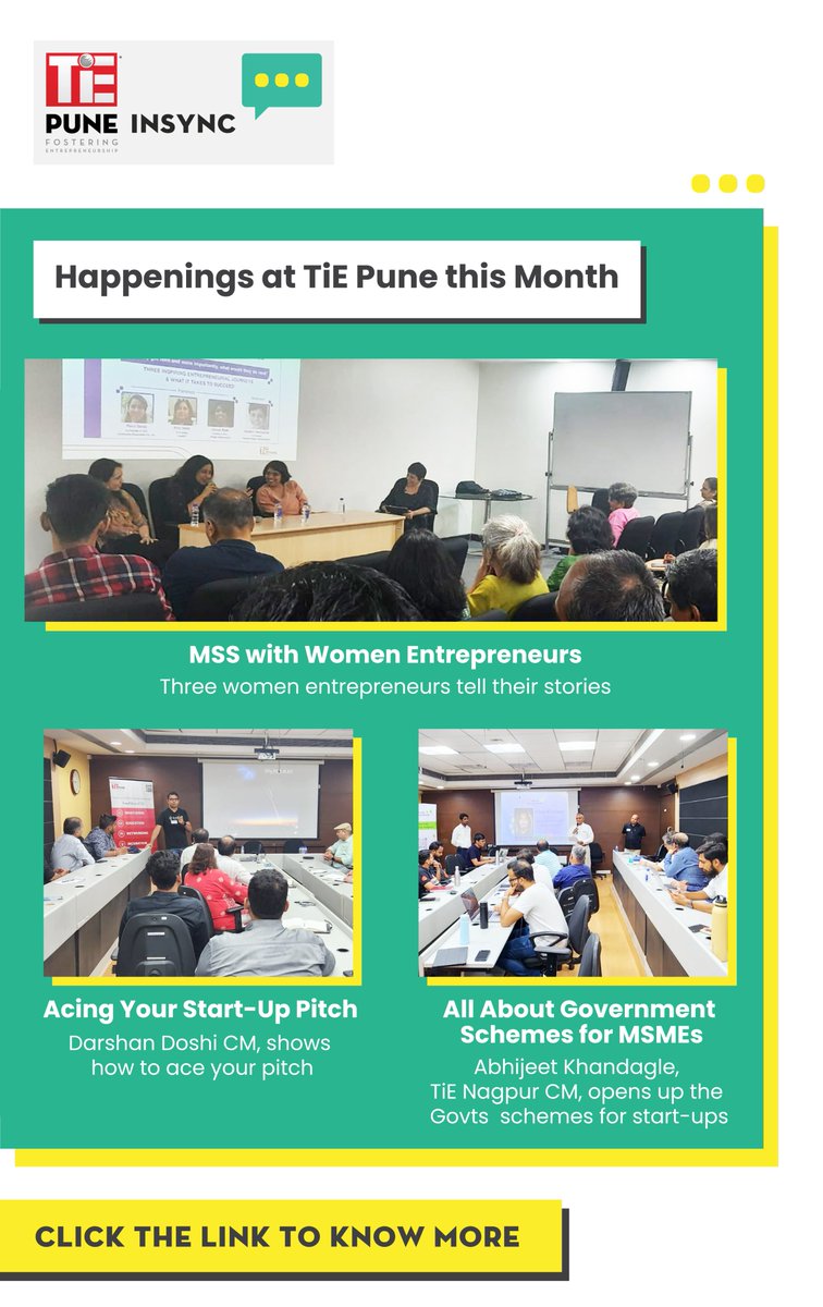 TiEPune's tweet image. Happenings at @TiEPune this month:

* Three #womenentrepreneurs tell their stories

* @Doshi_Darshan CM, shows how to ace your pitch

* Abheejit Khandagle, TiE Nagpur CM, opens up the #Govts schemes for #startups

Click here to know more: tiepune.org/in-sync-editio…

#tiepune #pune