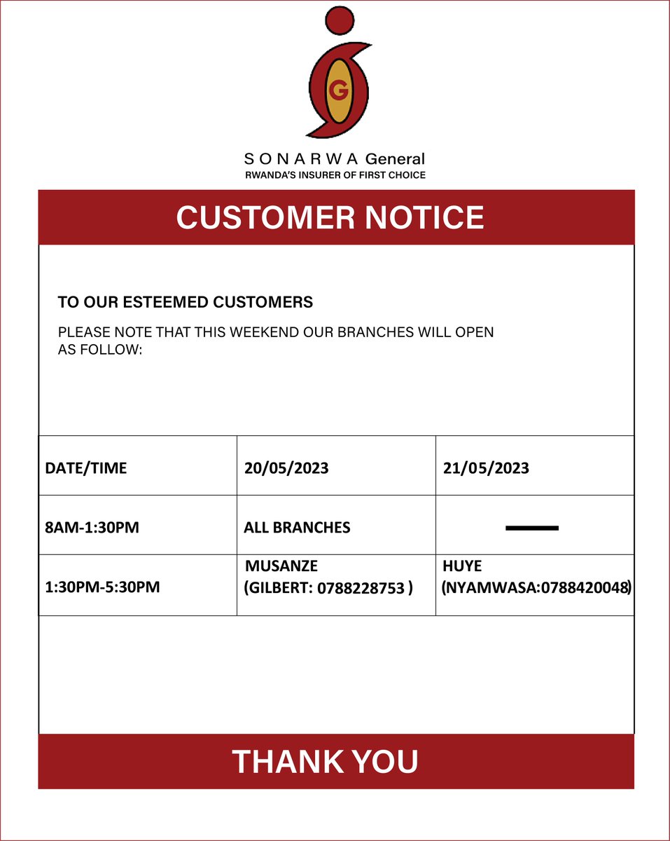 Customer Notice!
Dear esteemed customers, 
This weekend our branches will operate as follow.