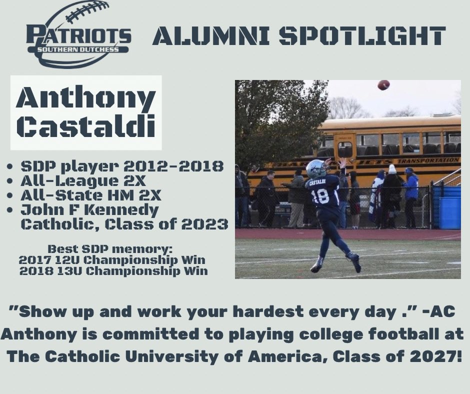 SDPFootball's tweet photo. Today we feature Anthony Castaldi, a six season SDP player who left Michie Stadium at West Point as a champion- twice! He continued his football career at Kennedy Catholic and has committed to play at The Catholic University of America this fall! Congratulations, Anthony!! https://t.co/CUOPYNZVZI