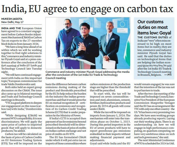 phdchamber's tweet image. Commendable progress! India &amp;amp; EU&apos;s commitment to constant engagement on carbon tax on exports is a significant outcome of the 1st India-EU Trade &amp;amp; Technology Council meeting.A step towards sustainable trade practises #IndiaEU #TradeAndTechnologyCouncil #Carbontax #EAM #Jaishankar