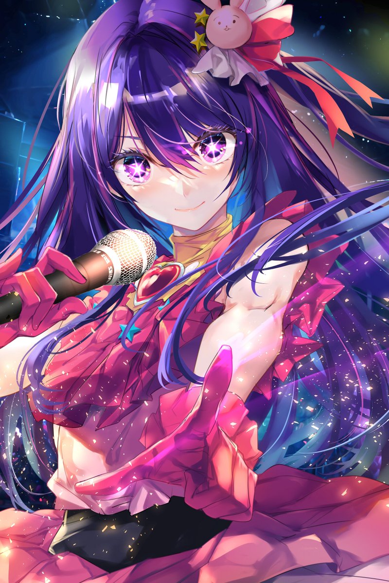 1girl microphone gloves solo long hair purple hair purple eyes  illustration images