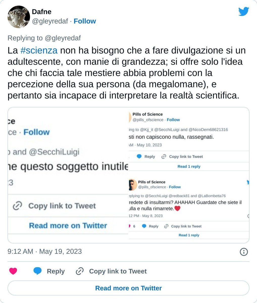 gleyredaf's tweet photo. @pills_ofscience @RaffaellaRegoli Io preferisco una persona mentalmente equilibrata nelle sue azioni - soprattutto se divulgatore scientifico - poiché offre l'idea netta che sa relazionarsi con cognizione davanti ai dati scientifici - cosa che non è così per te, a cui serve obbiettivamente uno #psicologo . https://t.co/g01Bbp5gxT