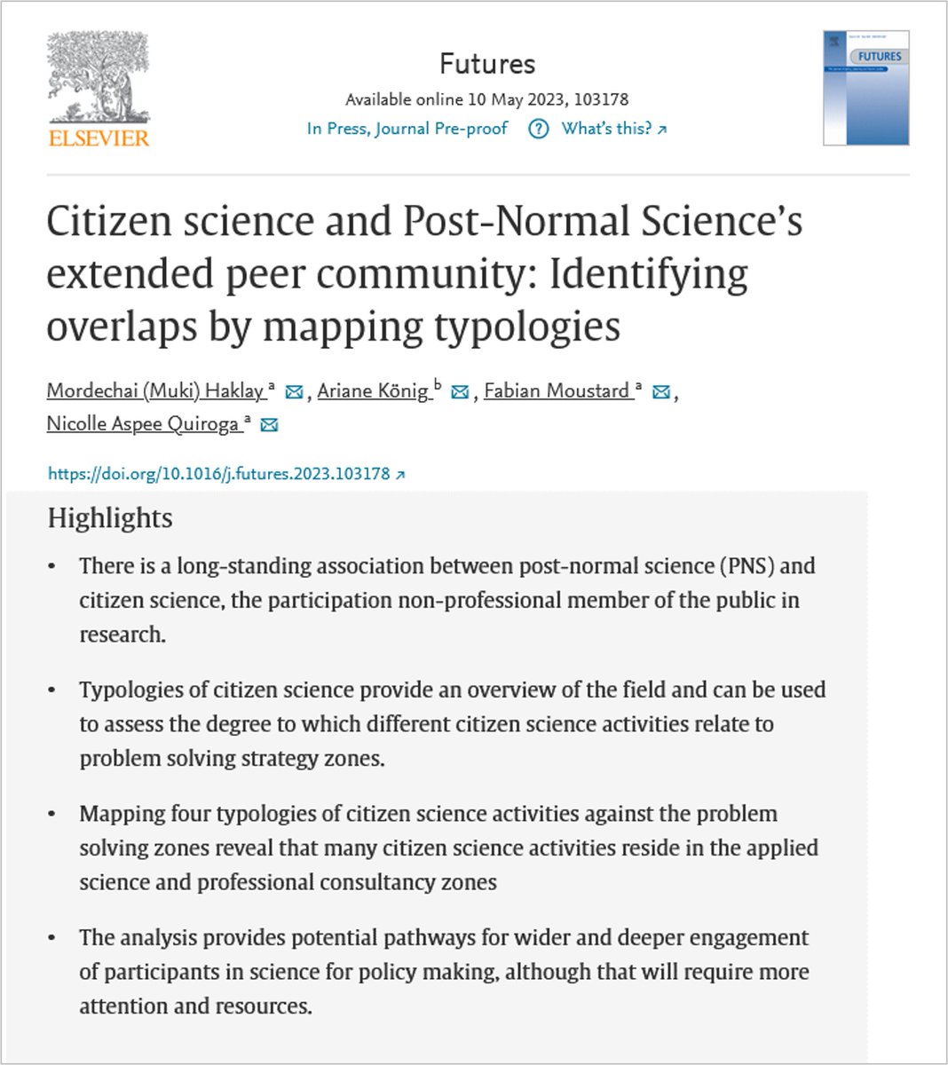EIUI_Dal's tweet image. #CitizenScience is often seen as part of #CoProductionofKnowledge &amp;amp; public #engagement at #SciencePolicyInterfaces. @mhaklay et al. map citizen science activities to #PostNormalScience &amp;amp; offer insights to support collaboration btw researchers &amp;amp; the public doi.org/10.1016/j.futu…