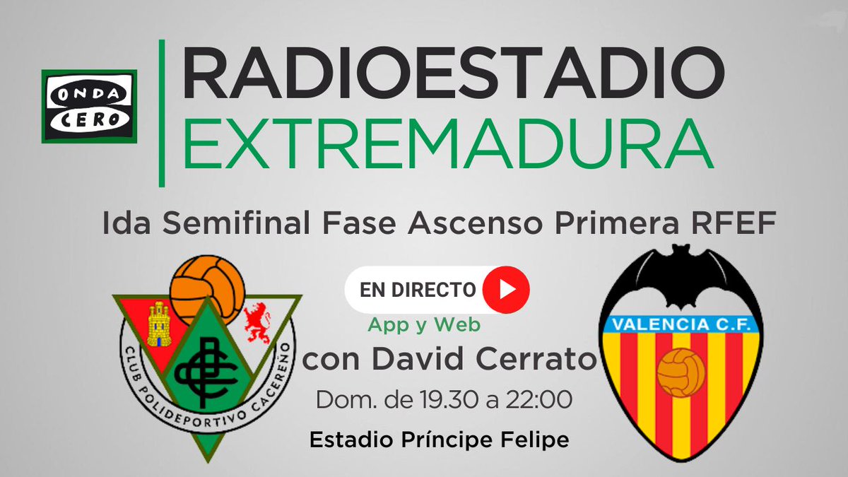 ⚽️⚽️ ESTE DOMINGO, a partir de las 19.30 horas, el <a href="/CPCacerenoSAD/">CP Cacereño 🟢🐉</a> juega en Onda Cero Extremadura!!

En web y app, de manera integra, desde el Príncipe Felipe, en una edición especial de Radioestadio Extremadura

¡¡Vive el partido del Cáceres con Onda Cero!!