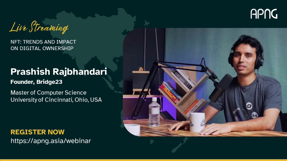 APNG_Asia's tweet image. Don&apos;t miss the insightful webinar on &quot;#NFT Trends and Impact on Digital Ownership&quot; with Prashish Rajbhandari, founder of Bridge23 and former CTO at Advanced Pedagogy! Explore the future of #digitaownership on May 20, 2023, 12PM (UTC +9)
Register at apng.asia/webinar