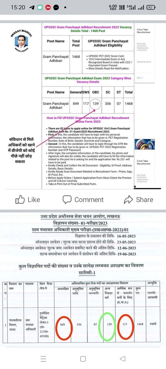 ओबीसी आरक्षण को जिस तरह से भाजपा ख़तम करने की साजिश कर रही है इसपर सभी बहुजन अगर एक साथ आकर विरोध नहीं किए तो कल ये प्रहार SC और ST आरक्षण पर भी होगा। भाजपा द्वारा मनुवादी व्यवस्था लागू करने की मंशा को समझिये। 
#OBC_आरक्षण_बचाओ 
<a href="/myogiadityanath/">Yogi Adityanath</a> 
<a href="/narendramodi/">Narendra Modi</a> 
<a href="/yadavakhilesh/">Akhilesh Yadav</a>