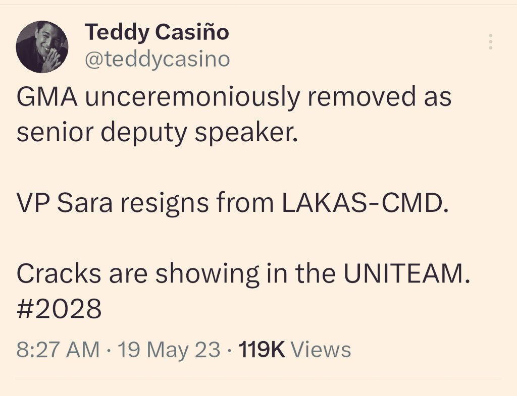 Casiño must be practically drooling when he tweeted, 'Cracks are showing in the UNITEAM #2028.' 

Hey, you have no idea what will hit you, your ilk and whoever your chosen presidential bet might be, when VP Sara Duterte emerges as the SHOO-IN winner in 2028 to succeed PBBM. 😄