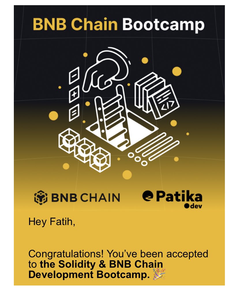 Beklediğimiz mail geldi teşekkürler @patika_dev 🥳

#bnbchain #bootcamp #patikadev