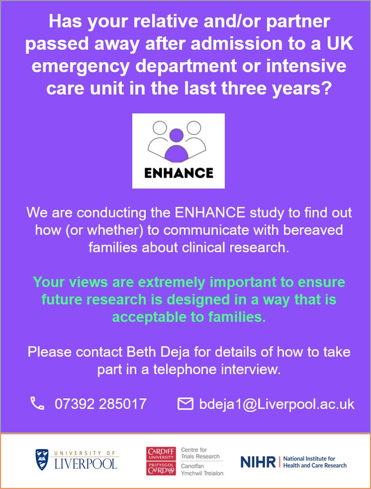 Enhance Study (@enhancstudy) on Twitter photo OUR study NOW OPEN!
We need help to understand how (or whether) to communicate with bereaved family’s about clinical research <a href="/EnhancStudy/">Enhance Study</a> OUR study NOW OPEN!
We need help to understand how (or whether) to communicate with bereaved family’s about clinical research <a href="/EnhancStudy/">Enhance Study</a>