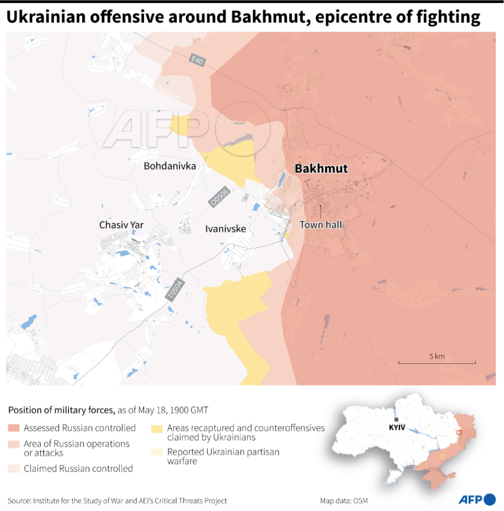 AFPGraphicsRT's tweet image. RT @AFP: Map of the frontline around the town of Bakhmut, the site of the longest battle since the start of the Russian invasion in Ukraine
#AFPgraphics